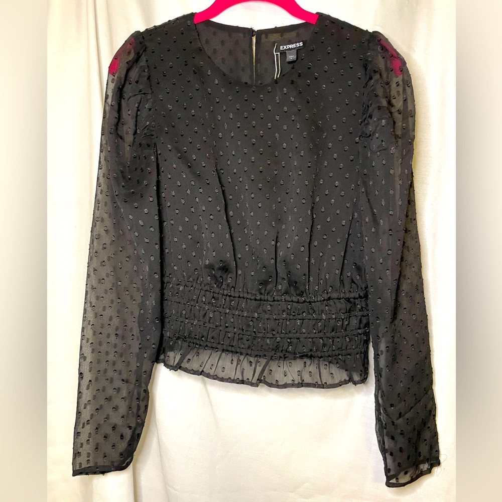 NWOT Express Black Longsleeve Semi Sheer Swiss Dot Shirt Smock Peplum Waist Sz S